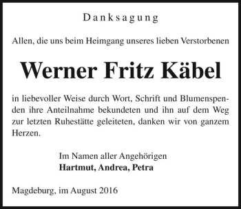 Traueranzeige von Werner Fritz Käbel  von Magdeburger Volksstimme