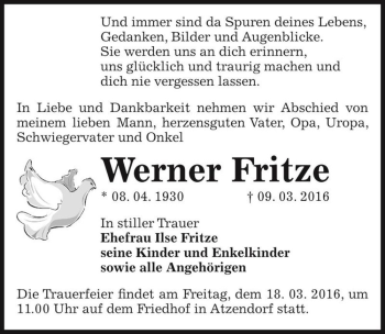 Traueranzeige von Werner Fritze  von Magdeburger Volksstimme