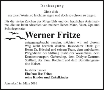 Traueranzeige von Werner Fritze  von Magdeburger Volksstimme