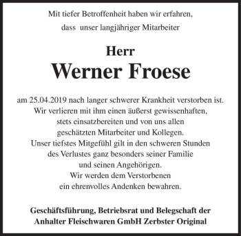 Traueranzeige von Werner Froese  von Magdeburger Volksstimme