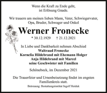 Traueranzeige von Werner Fronecke  von Magdeburger Volksstimme