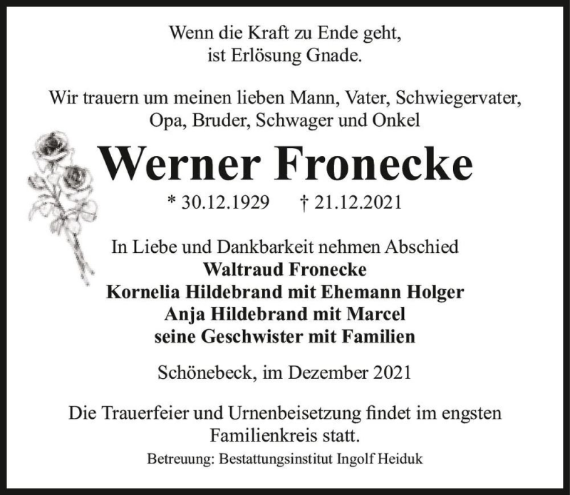  Traueranzeige für Werner Fronecke  vom 08.01.2022 aus Magdeburger Volksstimme