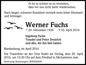 Traueranzeige von Werner Fuchs  von Magdeburger Volksstimme