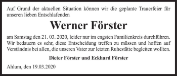 Traueranzeige von Werner Förster  von Magdeburger Volksstimme