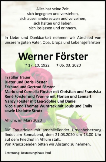 Traueranzeige von Werner Förster  von Magdeburger Volksstimme