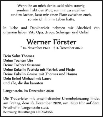 Traueranzeige von Werner Förster  von Magdeburger Volksstimme