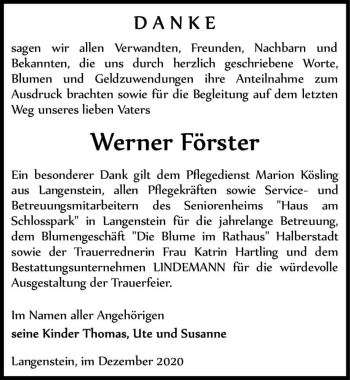 Traueranzeige von Werner Förster  von Magdeburger Volksstimme
