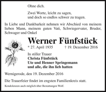 Traueranzeige von Werner Fünfstück  von Magdeburger Volksstimme