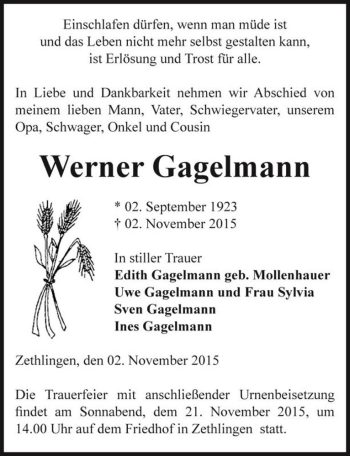 Traueranzeige von Werner Gagelmann  von Magdeburger Volksstimme