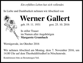 Traueranzeige von Werner Gallert  von Magdeburger Volksstimme