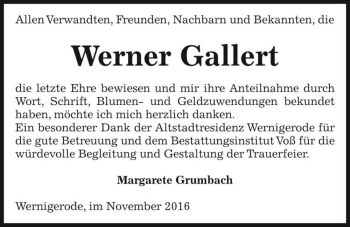 Traueranzeige von Werner Gallert  von Magdeburger Volksstimme