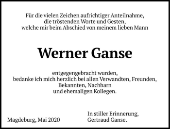 Traueranzeige von Werner Ganse  von Magdeburger Volksstimme