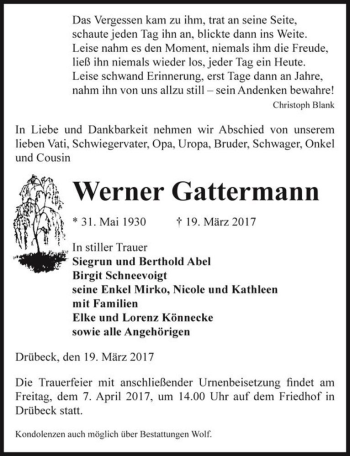 Traueranzeige von Werner Gattermann  von Magdeburger Volksstimme