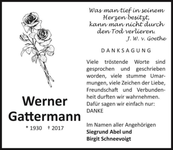 Traueranzeige von Werner Gattermann  von Magdeburger Volksstimme