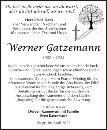 Traueranzeige von Werner Gatzemann  von Magdeburger Volksstimme