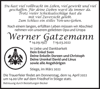 Traueranzeige von Werner Gatzemann  von Magdeburger Volksstimme