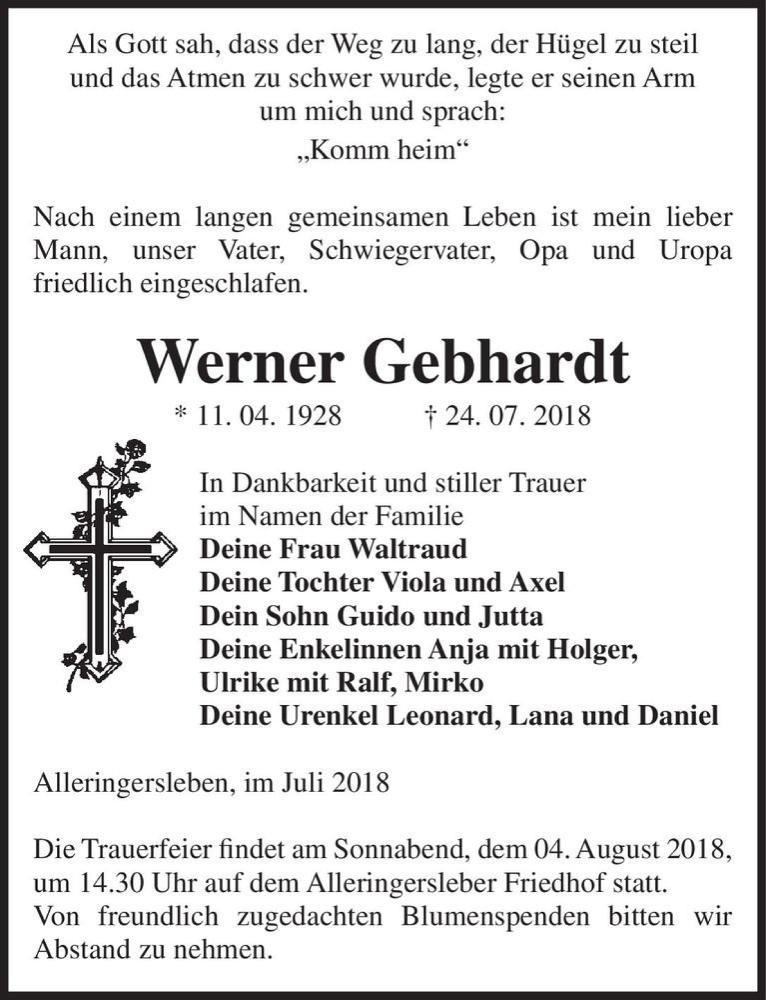  Traueranzeige für Werner Gebhardt  vom 28.07.2018 aus Magdeburger Volksstimme