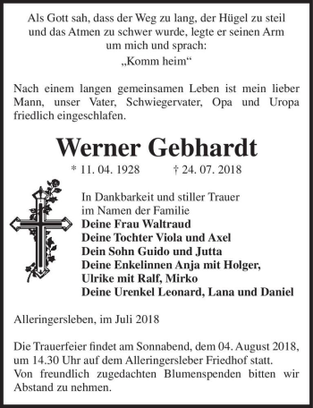 Traueranzeige von Werner Gebhardt  von Magdeburger Volksstimme