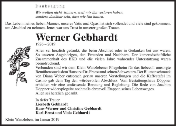 Traueranzeige von Werner Gebhardt  von Magdeburger Volksstimme