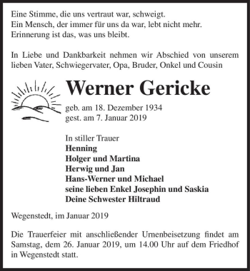 Traueranzeige von Werner Gericke  von Magdeburger Volksstimme
