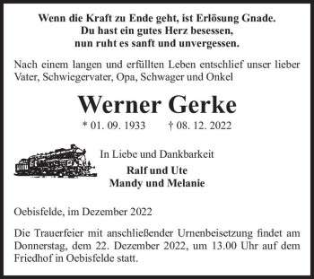 Traueranzeige von Werner Gerke  von Magdeburger Volksstimme