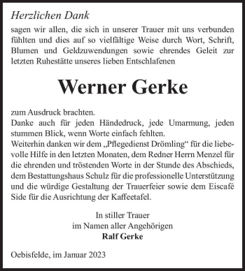 Traueranzeige von Werner Gerke  von Magdeburger Volksstimme