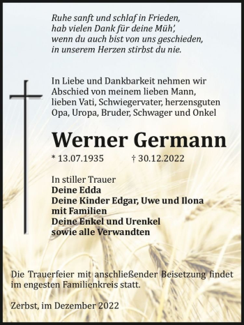 Traueranzeige von Werner Germann  von Magdeburger Volksstimme