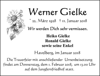 Traueranzeige von Werner Gielke  von Magdeburger Volksstimme
