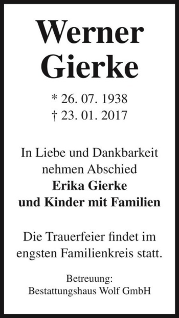Traueranzeige von Werner Gierke  von Magdeburger Volksstimme