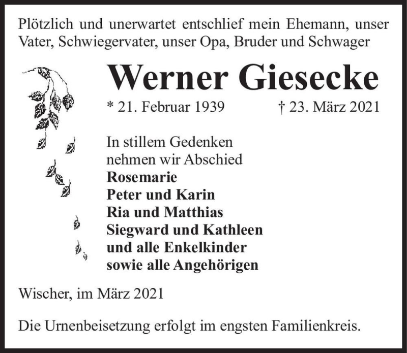 Traueranzeige für Werner Giesecke  vom 27.03.2021 aus Magdeburger Volksstimme