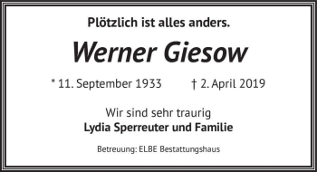 Traueranzeige von Werner Giesow  von Magdeburger Volksstimme