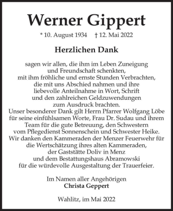 Traueranzeige von Werner Gippert  von Magdeburger Volksstimme