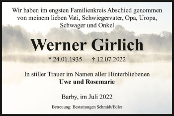 Traueranzeige von Werner Girlich  von Magdeburger Volksstimme