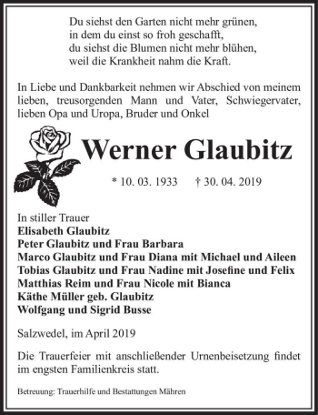 Traueranzeige von Werner Glaubitz  von Magdeburger Volksstimme