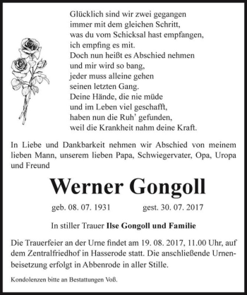 Traueranzeige von Werner Gongoll  von Magdeburger Volksstimme