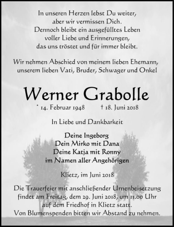 Traueranzeige von Werner Grabolle  von Magdeburger Volksstimme