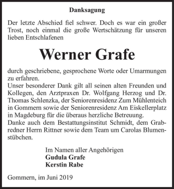 Traueranzeige von Werner Grafe  von Magdeburger Volksstimme