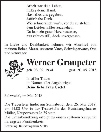 Traueranzeige von Werner Graupeter  von Magdeburger Volksstimme