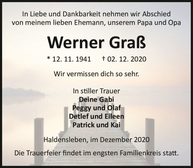  Traueranzeige für Werner Graß  vom 08.12.2020 aus Magdeburger Volksstimme