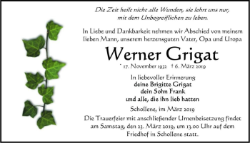 Traueranzeige von Werner Grigat  von Magdeburger Volksstimme