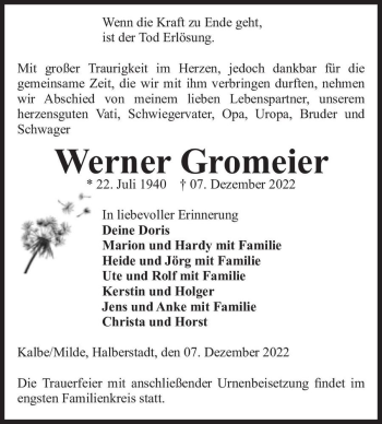 Traueranzeige von Werner Gromeier  von Magdeburger Volksstimme