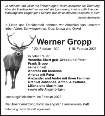 Traueranzeige von Werner Gropp  von Magdeburger Volksstimme