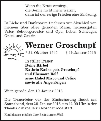 Traueranzeige von Werner Groschupf  von Magdeburger Volksstimme