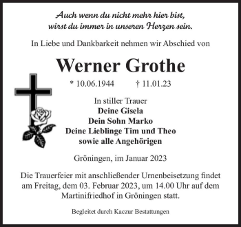 Traueranzeige von Werner Grothe  von Magdeburger Volksstimme