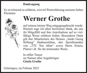 Traueranzeige von Werner Grothe  von Magdeburger Volksstimme