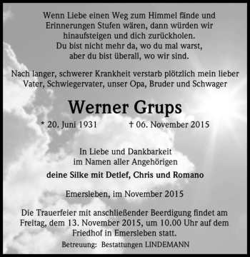 Traueranzeige von Werner Grups  von Magdeburger Volksstimme