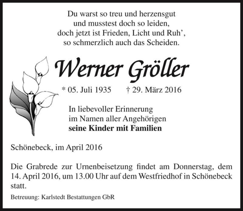  Traueranzeige für Werner Gröller  vom 02.04.2016 aus Magdeburger Volksstimme