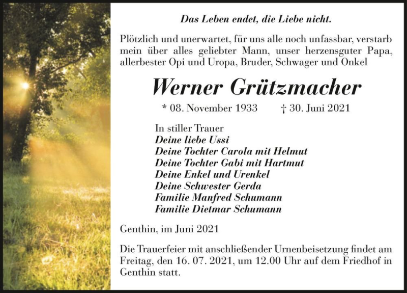  Traueranzeige für Werner Grützmacher  vom 03.07.2021 aus Magdeburger Volksstimme