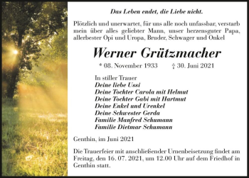 Traueranzeige von Werner Grützmacher  von Magdeburger Volksstimme
