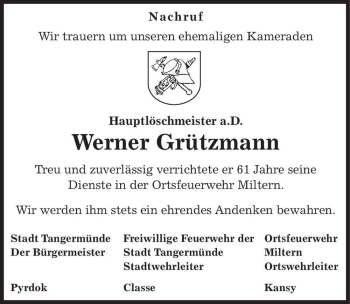 Traueranzeige von Werner Grützmann  von Magdeburger Volksstimme